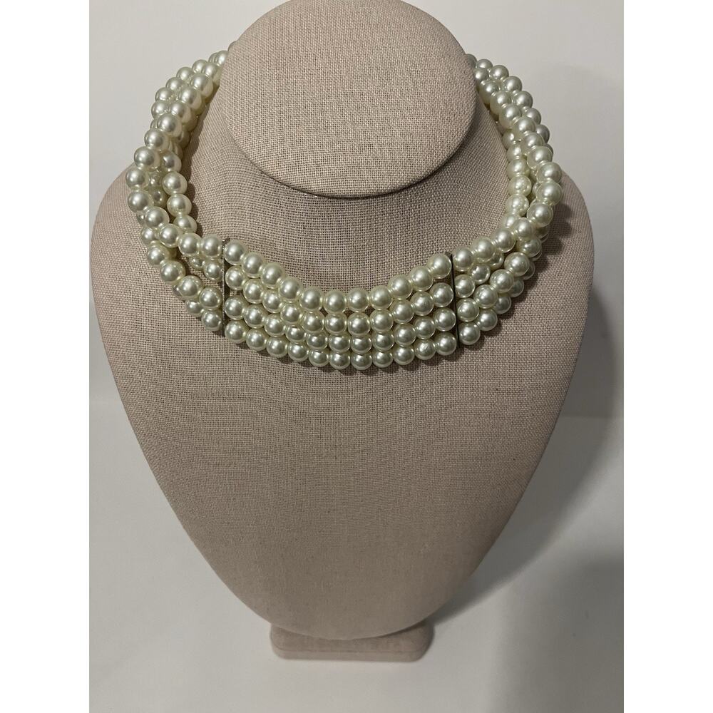 Gold Tone Faux Pearl Choker Necklace Multiple Strand Vintage